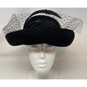 VTG Deborah New York Hat Black Wool Made In USA Ribbon Feather Netting